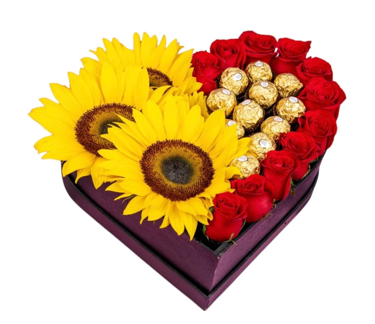 Caja Corazón De Rosas Rojas X12 Y Girasoles Con Ferrero. Flores Les Roses, envío a domicilio.