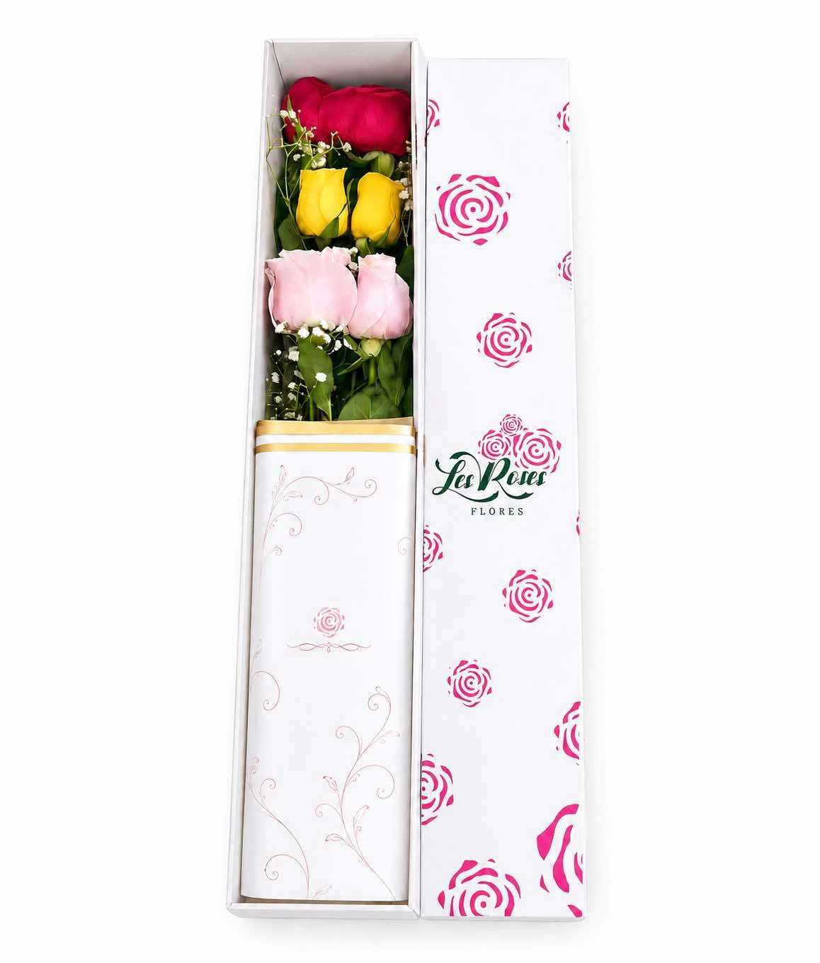 Caja De Rosas De Colores X6 — flores para cumpleaños. Flores Les Roses, envío a domicilio.