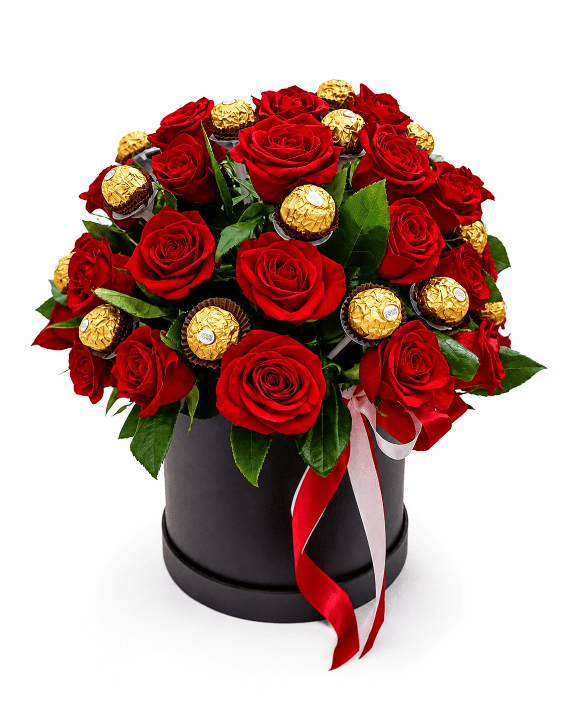 Caja De Rosas Rojas X30 Con Chocolates Ferrero X8. Estuche de rosas para Amor y Amistad de Flores Les Roses, envío a domicilio.