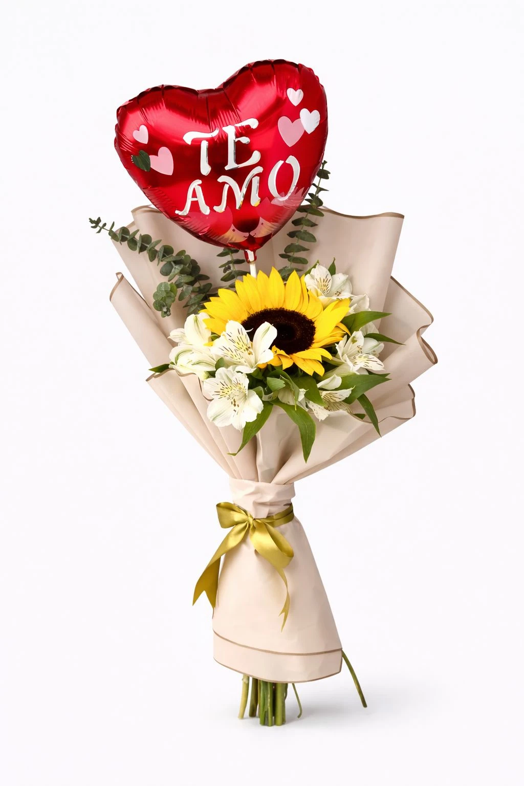 Flor De Girasol Con Astromelias Y Globo Te Amo Pequeño. Flores Les Roses, envío a domicilio.