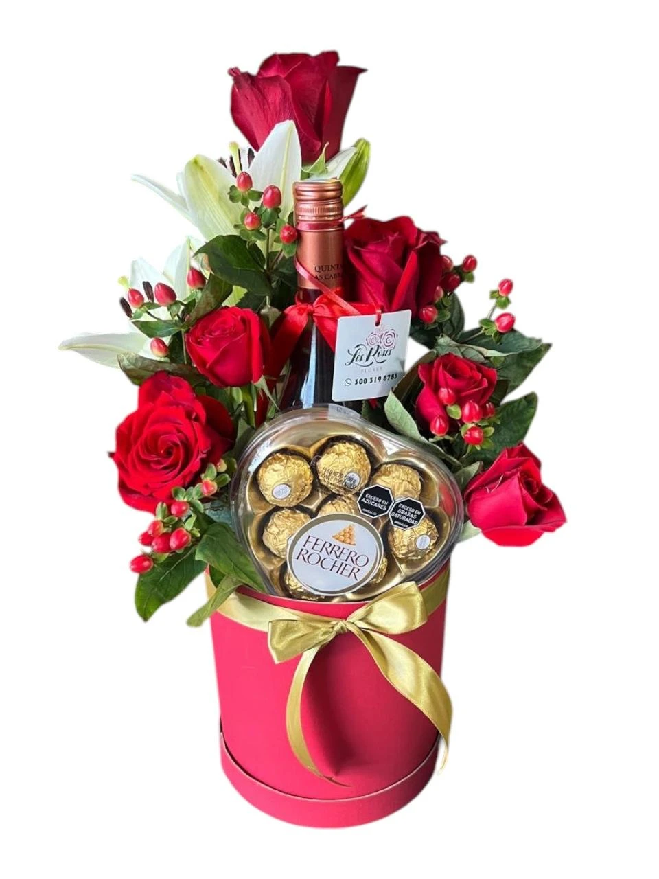 Flores En Caja Roja De Rosas, Lirios Con Vino Y Chocolates. Estuche de rosas para Amor y Amistad de Flores Les Roses, envío a domicilio.